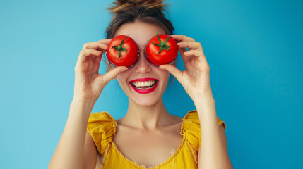 Happy smiling model woman holding red tomatoes in front of her eyes isolated on blue background with copy space