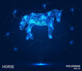 A hologram of a horse. A horse made of polygons, triangles of points and lines. Horse is a low-poly compound structure. Technology concept vector.
