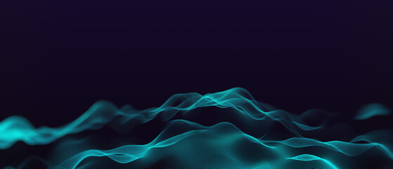 Creative blue digital wave on dark backdrop. Technology and innovation concept. Mock up place. 3D Rendering.