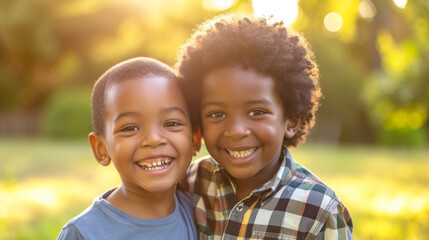 two young children, hugging and smiling brightly with a sunlit park in the background.