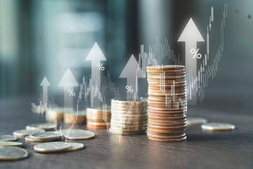 Stack of coins with up arrow and percentage symbol for finance bank increasing interest rate