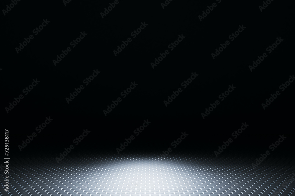 Poster spotlight on reflective metallic floor against dark background, presentation concept. 3d rendering