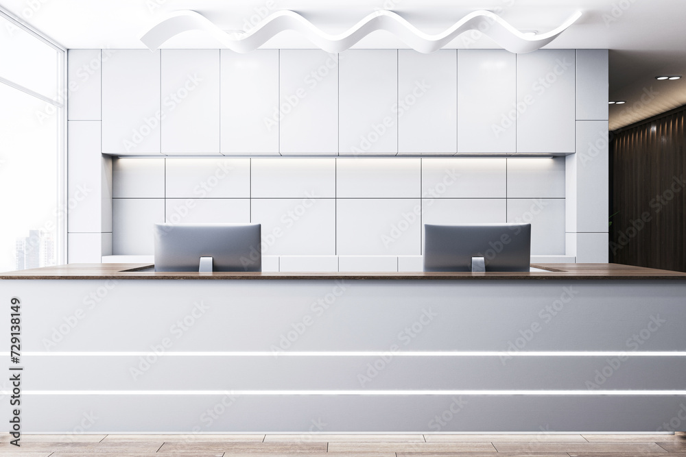 Poster Sleek office reception area with wave patterned ceiling and wooden feature wall. 3D Rendering