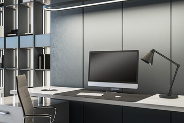 Contemporary office with bookshelves and LED lighting, dark gray theme. Creative environment. 3D...