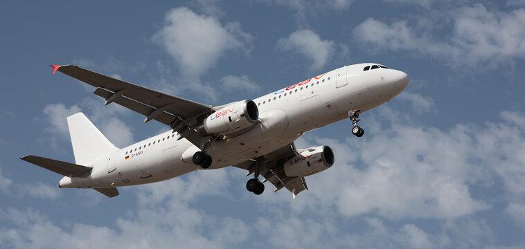 Tenerife, Spain January 28 st, 2024. Airbus A320-232 Leav Aviation Airlines flies in the blue sky. Landing at Tenerife Airport