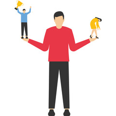 Social comparison anxiety, discouraged from failure, loser or self-motivation problem concept, comparing yourself to others, a man standing on his hands comparing another side to fellow winners.