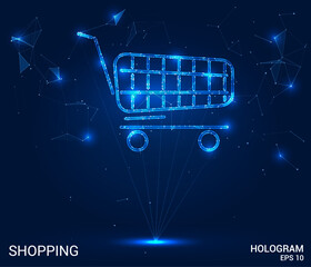 Hologram shopping. A cart for products made of polygons, triangles of points and lines. Shopping is a low-poly compound structure. Technology concept vector.