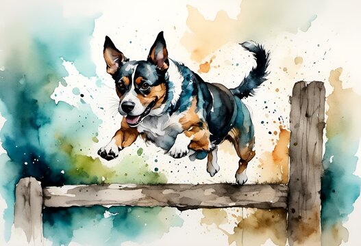 AI generated illustration of a dog leaping over the fence in vibrant alcohol ink drawing