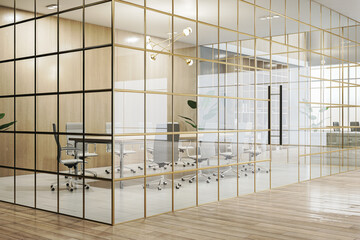 Bright glass partition, concrete and wooden meeting room interior with windows and city view. 3D Rendering.