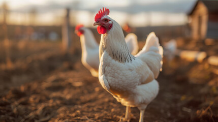 Close-up of a with a prominent red comb and wattles, standing in a sunlit outdoor setting, with other chickens blurred in the background.