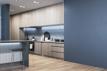 Obraz premium Modern concrete and wooden kitchen interior with mock up place on wall, island and stools. Luxury apartments concept. 3D Rendering.