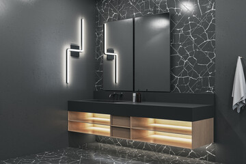 Modern black bathroom interior with washbasin and mirrors. 3D Rendering.