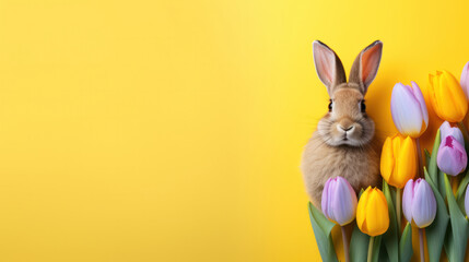 Rufus Bunny rabbit with colorful tulips for Easter and spring, light background, copy space - obrazy, fototapety, plakaty