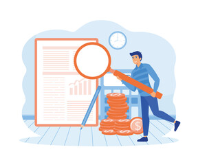Men study the financial statement. Financial report, digital accounting, audit and financial research.  flat vector modern illustration 