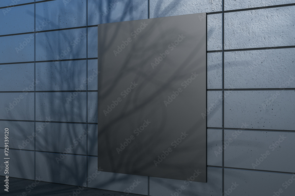 Poster creative outdoor dark tile wall with tree shadow and black mock up banner. urban design concept. 3d 