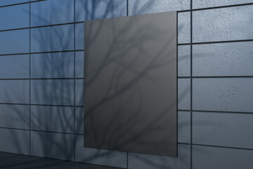 Creative outdoor dark tile wall with tree shadow and black mock up banner. Urban design concept. 3D Rendering.