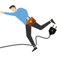 accident or surprise problem concept impact on business, Failure or mistake, clumsy businessman tripping with electric wire falling on the floor. flat vector illustration. - obrazy, fototapety, plakaty
