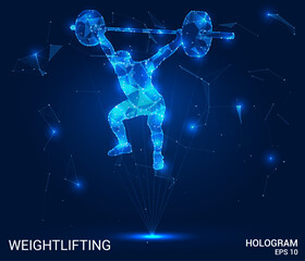 Hologram weightlifting. A weightlifter made of polygons, triangles of points and lines. Lifting the rod is a low-poly joint structure. Technology concept vector.