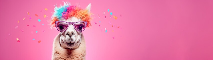 Happy Birthday, carnival, New Year's eve, sylvester or other festive celebration, funny animals card banner long - Alpaca with party hat and sunglasses on pink background with confetti. - obrazy, fototapety, plakaty