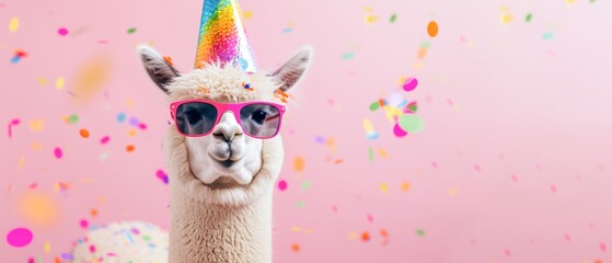 Happy Birthday, carnival, New Year's eve, sylvester or other festive celebration, funny animals card banner - Alpaca with party hat and sunglasses on pink background with confetti. - obrazy, fototapety, plakaty