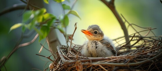 Obraz premium Baby bird patiently perched in the nest, anticipating its parents' arrival.