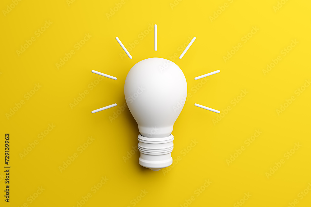 Poster abstract white light bulb on yellow background. idea, creativity and innovation concept. 3d renderin