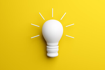 Abstract white light bulb on yellow background. Idea, creativity and innovation concept. 3D...