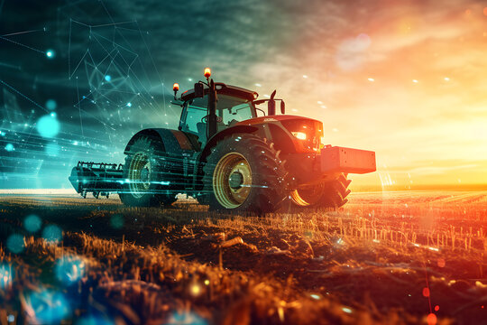 Fototapeta Technology in argiculture concept - modern tractor in the field with neural network