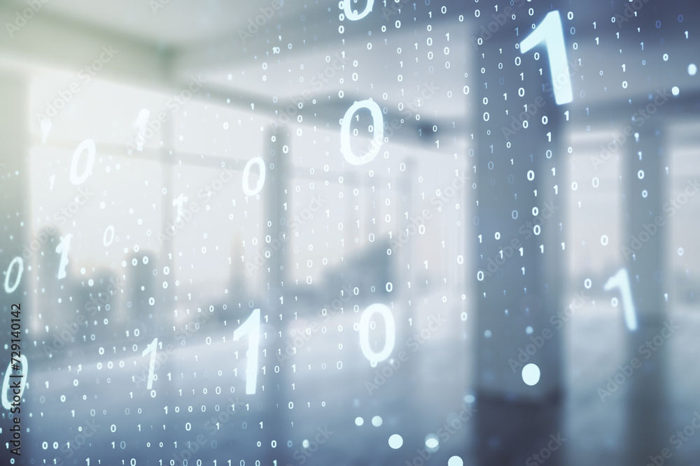Leinwandbilder abstract virtual binary code sketch on empty classroom background, hacking and matrix concept. multi