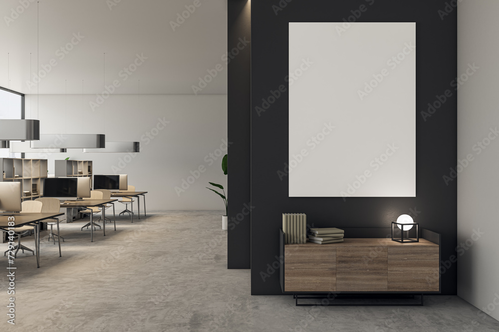 Poster modern concrete and wooden coworking office interior with blank white mock up poster, bookcase parti