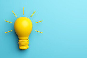 Abstract yellow light bulb on blue background with mock up place. Idea, creativity and innovation concept. 3D Rendering.