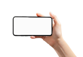 Hand holding smartphone with blank screen, mockup for application on mobile, modern design.