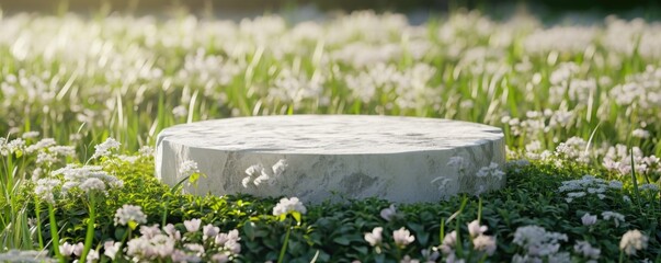 White stone podium on green meadow with grass and flowers ready for product placement