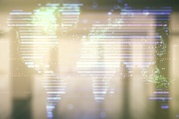Double exposure of abstract digital world map on empty modern office background, research and...