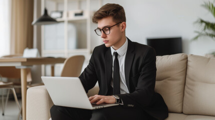 A professional dressed in a business suit is attentively using a laptop while comfortably sitting on a couch, indicating a blend of formal attire with a relaxed remote working environment.