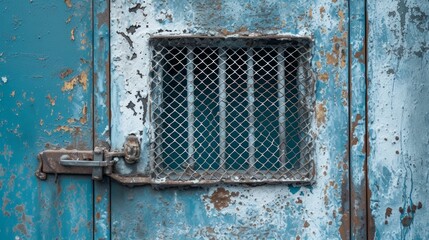 Aged beauty: close-up of rusty blue metal shutters and grilles, a blue and white textured background that conveys time and elements