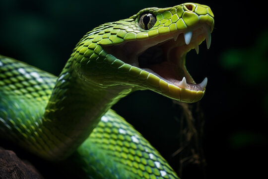 A green snake with its tongue flickering, captured in mid-strike, symbolizing alertness and intuition
