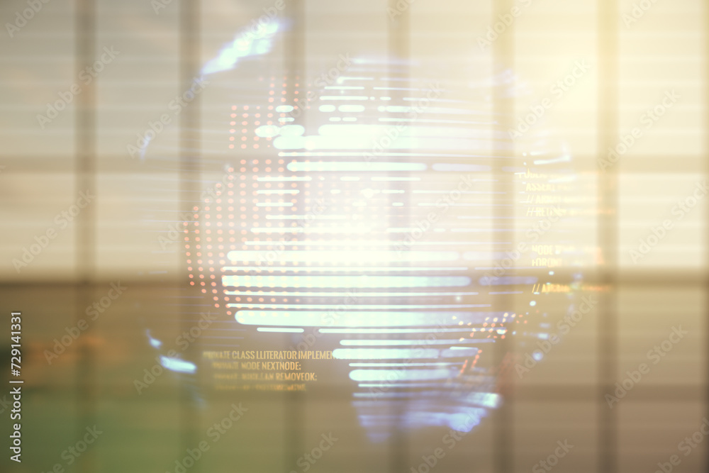 Poster multi exposure of abstract creative coding sketch and world map on empty corporate office background