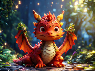 A baby red dragon is seen in the forest, captured from the front view