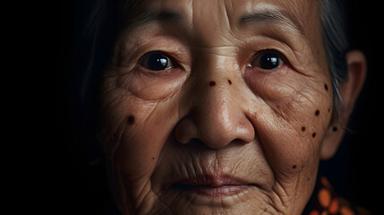 Small brown patches called age spots on face of Asian elder woman. They are also called liver spots, senile lentigo, or sun spots. generative AI.