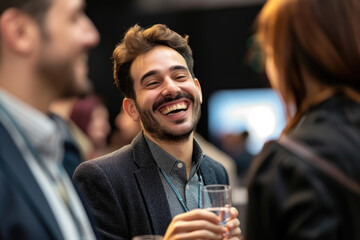 A delighted businessman laughs while holding a drink glass at a networking event in a convention center, actively participating in the exchange of startup ideas and discussing new inno (1)
