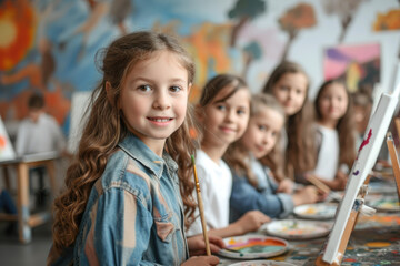 Fototapeta premium A diverse group of children in an art class joyfully painting pictures. Happy school kids engaging in a creative project within the classroom