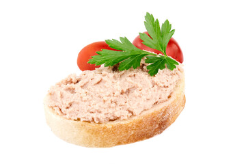 Bread with homemade chicken pate, isolated on white background.