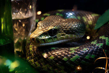 Fototapeta premium A green snake wrapped around a sparkling New Year's champagne bottle, ready for a festive toast, Champagne flutes, party streamers, and a background of New Year's Eve celebrations