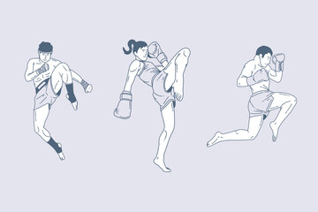 Set of outline illustrations of Muay Thai martial arts