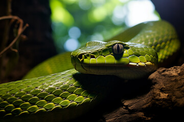 Fototapeta premium A majestic green snake coiled around a tree branch, with scales gleaming in the dappled sunlight, Lush forest background with foliage