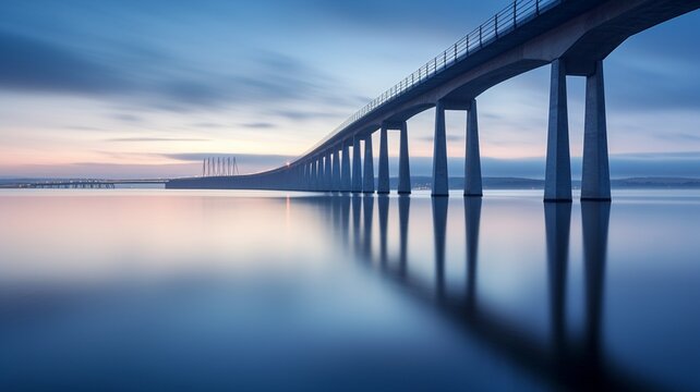 Beautiful long bridge over river sunset view picture ultra HD wallpaper