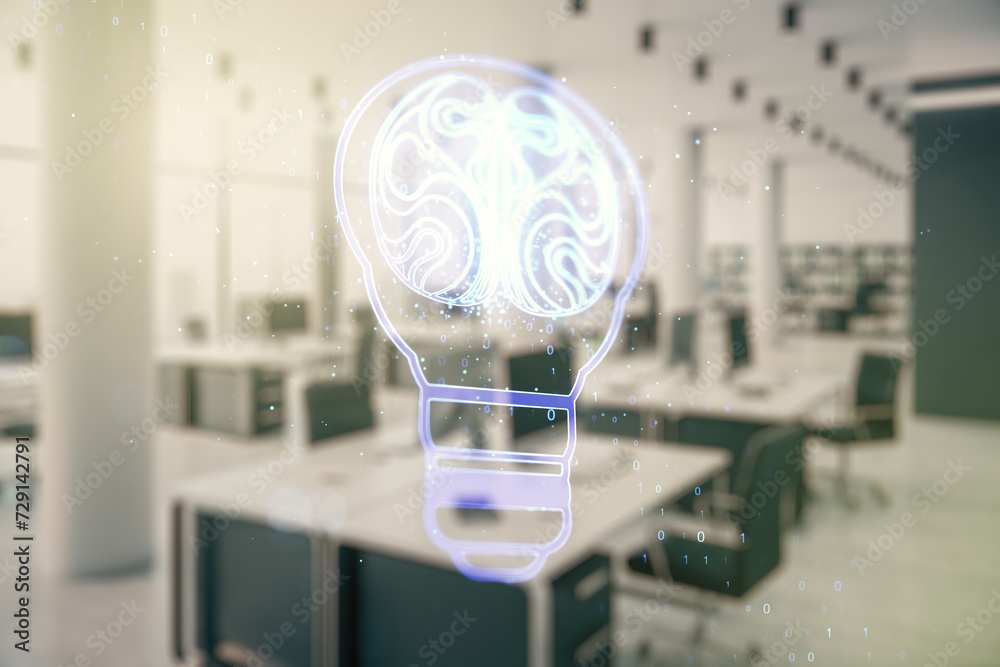 Poster abstract virtual creative light bulb with human brain hologram on a modern furnished office interior