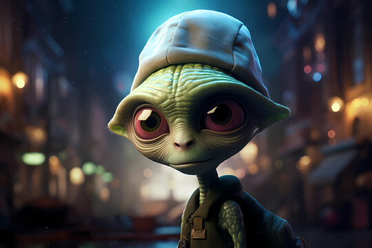 Cute friendly alien against backdrop of the night city. Funny character with big eyes close up. Alien traveler in the metropolis