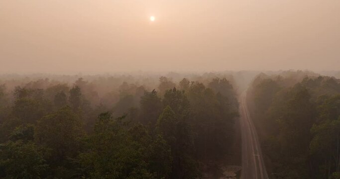 Landscape of Eastern Highway Nepal in Terai region. Drone shot reveals smoky fog in winter season sunlight. Road with trees travel in filmy scenario 4K